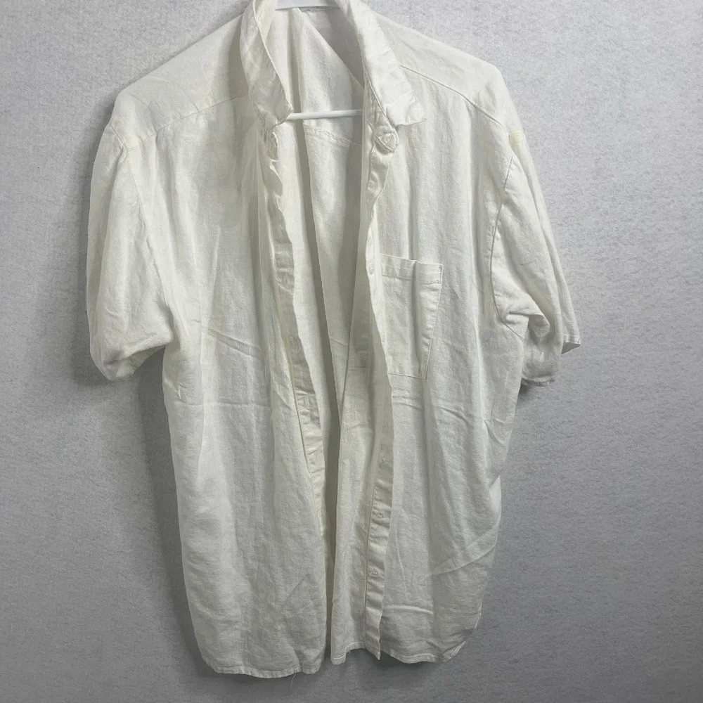 H&M White Linen Blend Button Front Short Sleeve Shirt Large - Picture 1 of 3